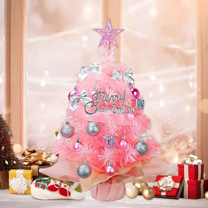 Small Mini Christmas Tree Pink with 50 LED Lghts 24 Inch /2FT Tabletop Artificial Christmas Tree Decorated Gift Boxes and Hanging Ornaments for DIY Christmas Decoration