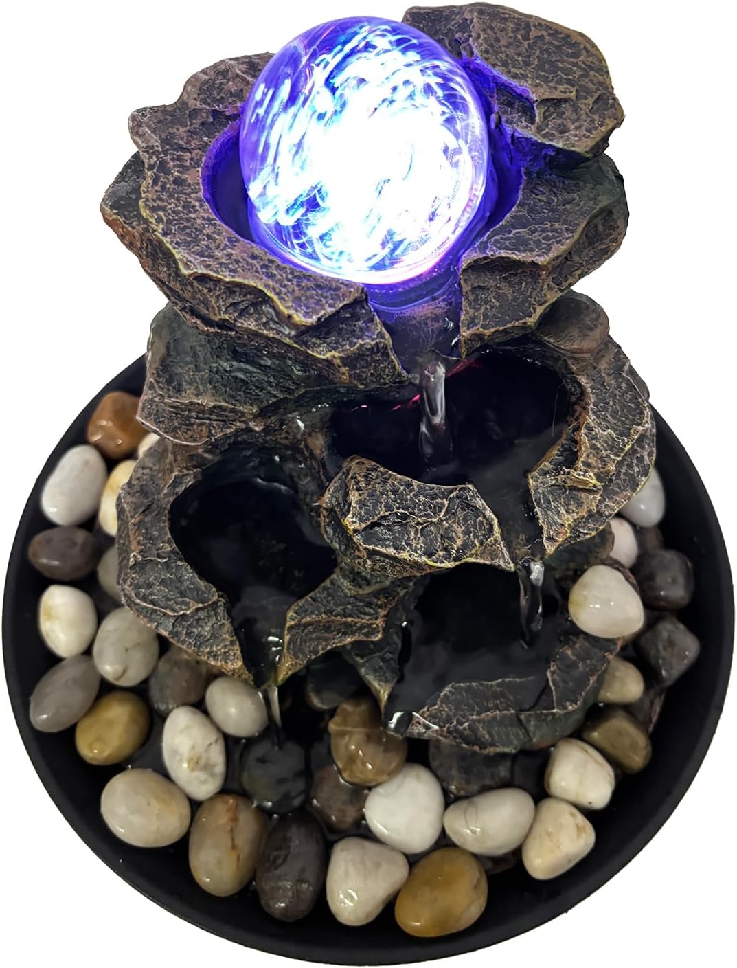 Rock Cascading Tabletop Fountain with Spinning Ball, Zen Meditation Indoor Waterfall Feature with LED Light for Home Office Bedroom