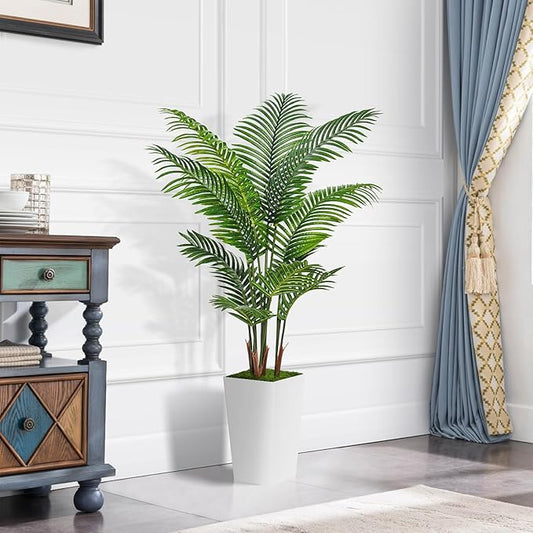 Artificial Palm Tree 5FT - Fake Tree with White Tall Planter - Faux Tropical Areca Floor Plant in Pot - Artificial Silk Plant for Home Office Living Room Decor Indoor