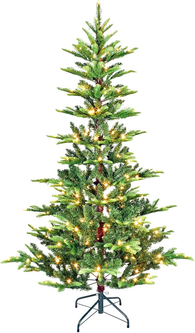 7FT Prelit Artificial Christmas Tree, Premium Douglas Fir Christmas Tree with 400 Warm White Lights & 960 Branch Tips, PE & PVC Pre Lit Hinged Xmas Trees with Metal Base for Party, Holiday Decoration