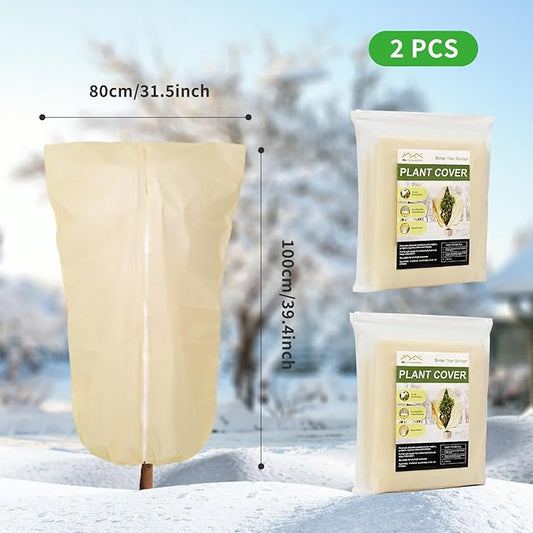 2 Pack 43"x32" Winter Plant Covers Freeze Protection Frost Cloth Blankets, 3 oz/yd² Tree Cover with Zipper Drawstring, Frost Protection Jacket for Outdoor Plant Cold Weather Protector Beige