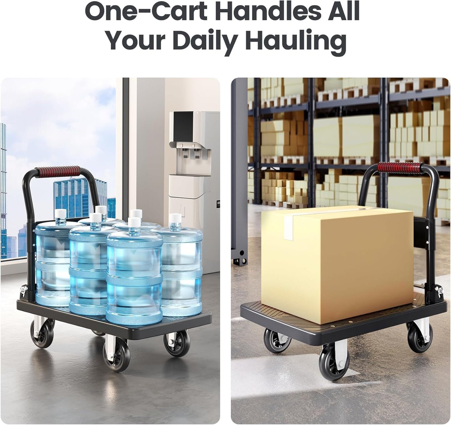 Upgraded Foldable Push Cart Dolly | 560 lbs.Capacity Moving Platform Hand Truck | Foldable for Easy Storage | 4'' PU 360 Degree Swivel Silent Wheel-Black