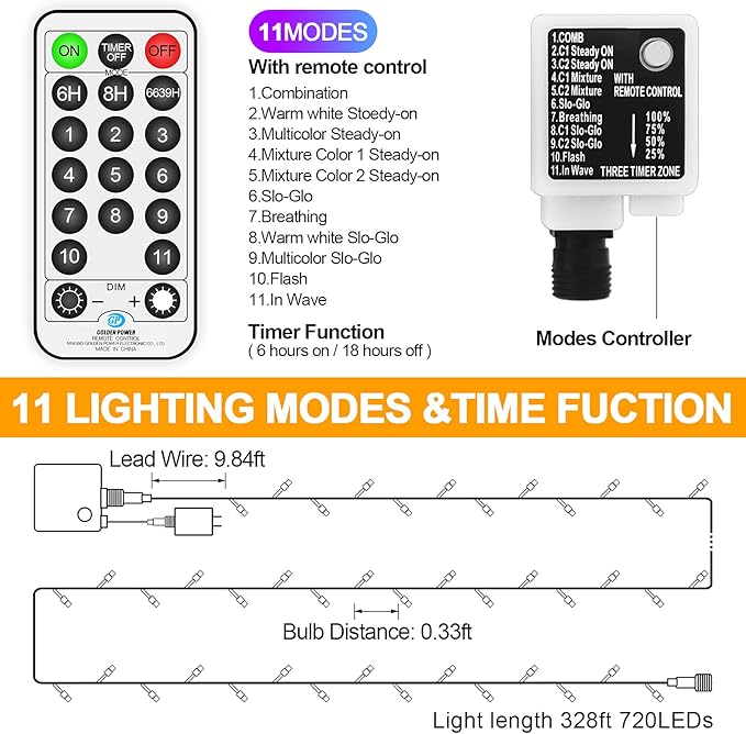 328 FT 720 LED Christmas Lights Outdoor Fairy Lights Plug In Color Changing String Lights Waterproof 11 Modes Timer for Outside House Tree Garden Wedding Party Decorations-Warm White to Multicolored