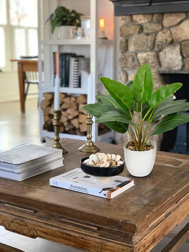 Hollyone Artificial Bird of Paradise Plant in Pot, Fake Palm Tropical Potted Plant 15" Faux Plantain Banana Leaf Plant for Indoor Outdoor Home Desk Office Garden Decoration