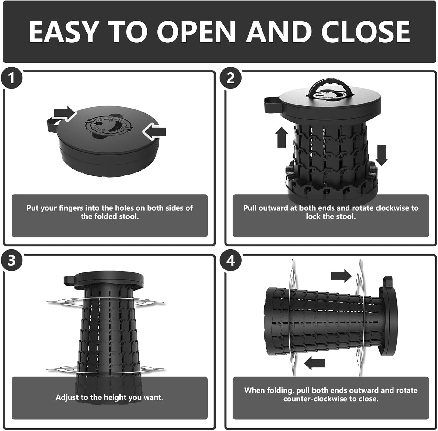 Upgraded Collapsible Stool with Max Load Capacity 330lbs Portable Telescoping & Folding Design Retractable Seat for Camping, Gardening, Fishing & Outdoor Adventures (Black)