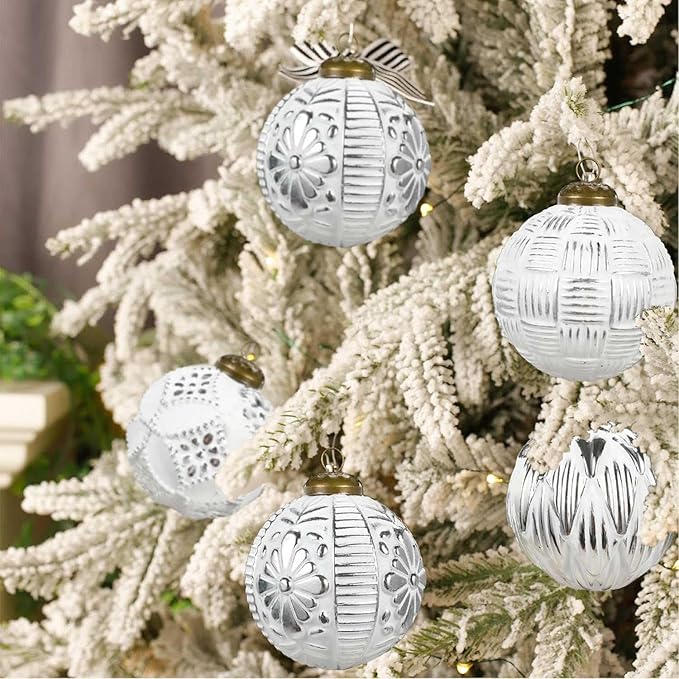 Christmas Ball Ornaments Set, 12ct 80mm Elegant White and Silver Assorted Xmas Tree Ball Ornaments, Shatterproof Christmas Tree Hanging Ornaments for Xmas Decoration