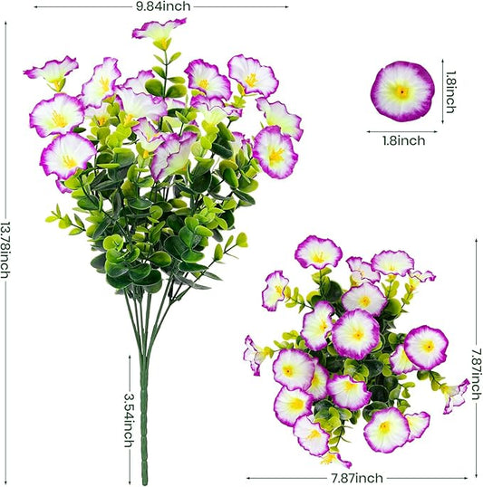 Artificial Faux Flowers for Outdoor 16 Bundles Boxwood Fake Morning Glory for Planter,UV Resistant Fake Flowers for Home Porch Patio Outside(Purple/White)