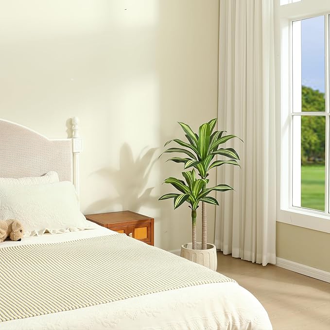 Artificial Plants, 4 Ft Dracaena Tree Faux Plants Indoor Outdoor Decor Fake Tree with Woven Seagrass Basket Plants for Home Decor Office Living Room Porch Patio Housewarming