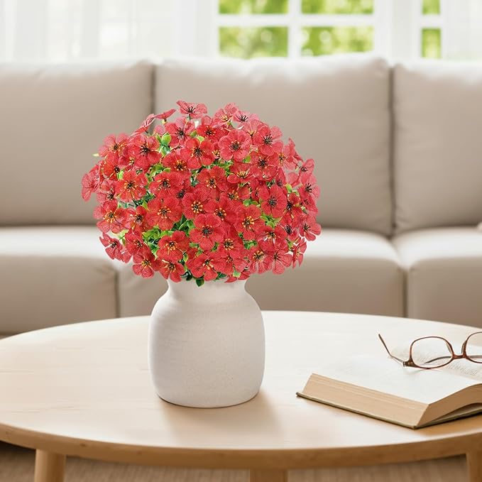 Lifewit Artificial Flowers for Outdoor Indoor, 12 Bundles Plastic Fake Flowers Daisy with Eucalyptus Leaves for Home Garden Decor, Porch, Window Box(Red)