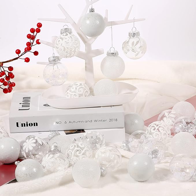 60mm/2.36inch Clear Christmas Ornaments, 30ct Shatterproof White Christmas Tree Ornaments Set Transparent Hanging Balls with Stuffed Decorations for Halloween Thanksgiving Xmas Wedding Party Home