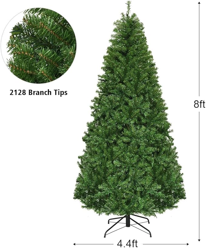 HAPPYGRILL 8FT Pre-Lit Christmas Tree with 2128 PVC Branch Tips and Foldable Base, Premium Artificial Spruce Tree Hinged Xmas Tree for Holiday Decor
