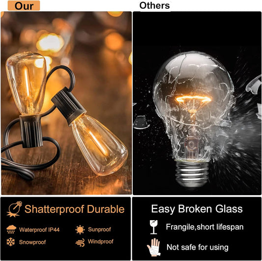 DAMAING Outdoor String Lights LED 100 FT Patio String Lights,52 ST38 Shatterproof Edison Style LED Bulbs,Vintage Plastic Outdoor Lights Waterproof for Bistro Gazebos Backyard Balcony Porch.