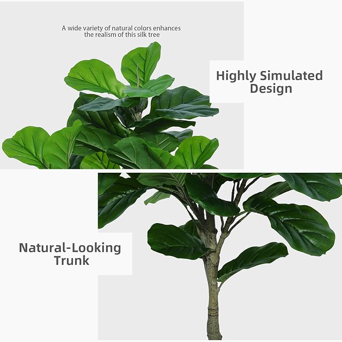 Fiddle Leaf Fig Tree Artificial 5FT - Faux Fiddle Leaf Fig Tree with Gray Tall Planter - Fake Ficus Lyrata Floor Plant Potted - Artificial Fig Tree for Home Office Living Room Decor Indoor