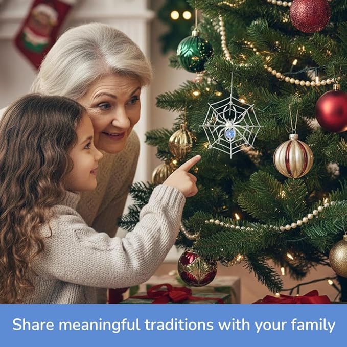 Matashi Silver Plated Christmas Tree Spider Ornament w Blue, Clear Crystals Lucky Hanging Decoration, Holiday Ornament Gift, Unique Spider Decor for Christmas & Halloween Party w Tinsel Legend Story