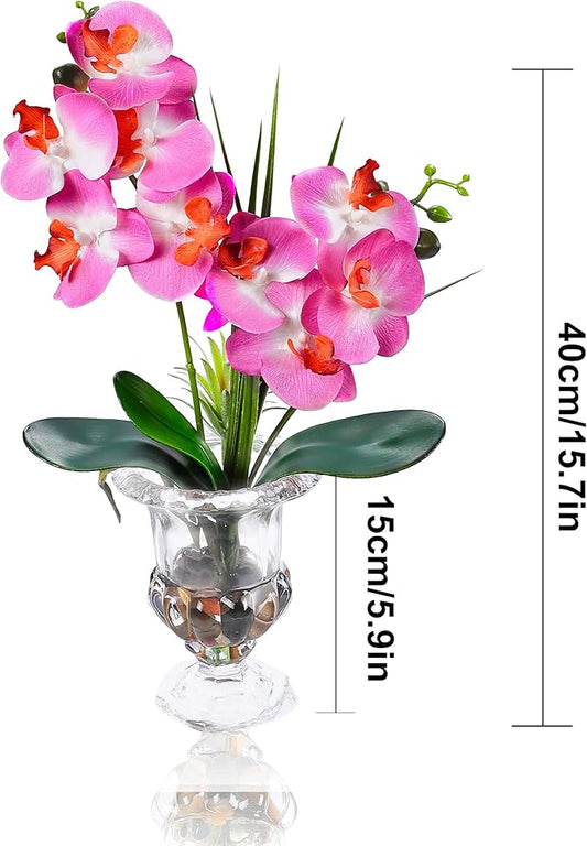 Jusdreen Artificial Purple Orchid Centerpiece, 14.5 Inch Phalaenopsis in Glass Vase with Potting for Home Office Table Decor, Realistic Orchid Arrangement