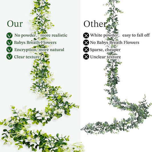 6FT Eucalyptus Garland with Flowers, 4 Pack Greenery Hanging Faux Eucalyptus Garland Suitable for Table Wedding Backdrop Arch Wall Party Thanksgiving UV Protected Indoor Outdoor Decorations