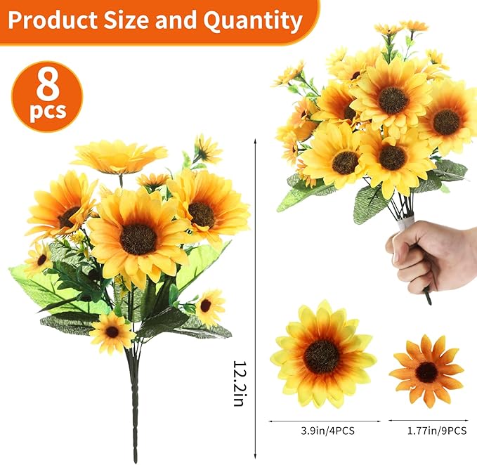 Sunflower Artificial Flowers 8pcs Fall Flowers Outdoor Fake Sunflowers for Garden Patio Window Box Planter Home Porch Garden Wedding Party Office Indoor Autumn Decoration