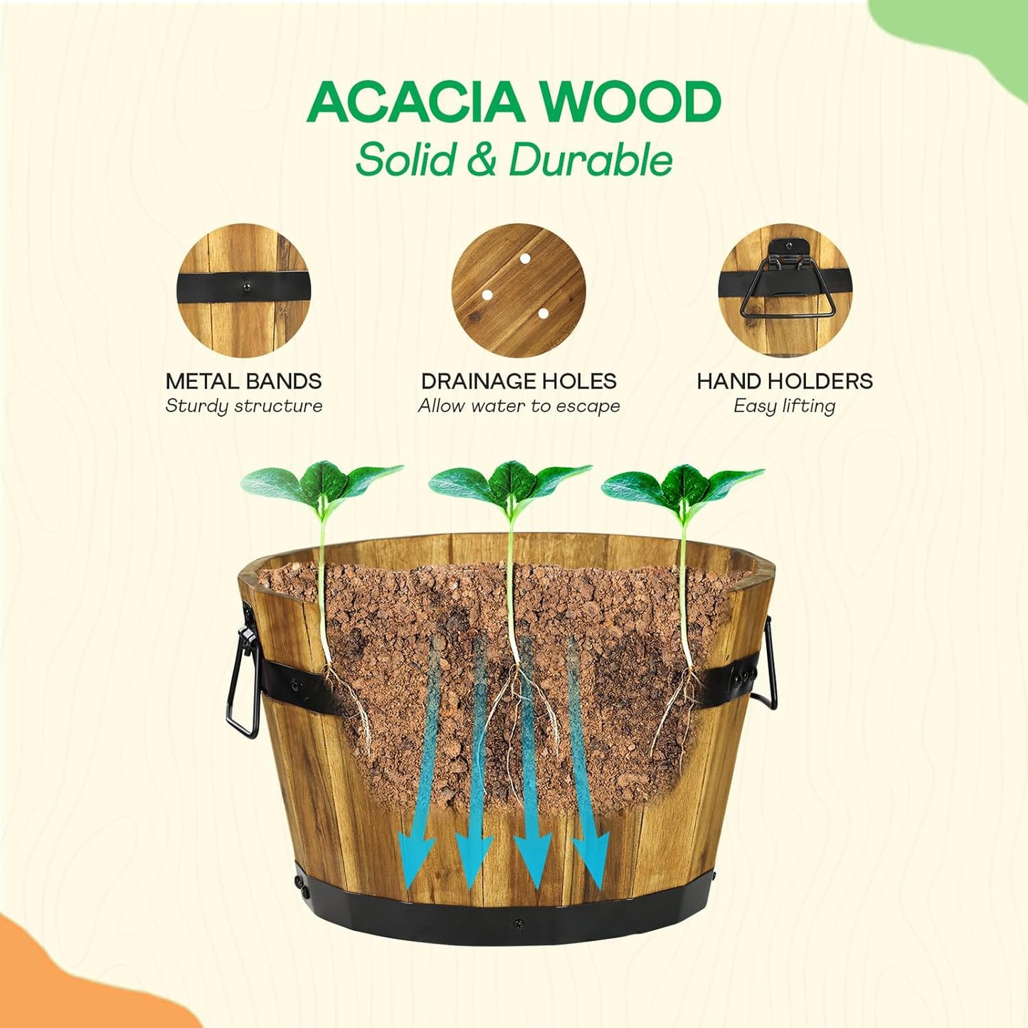 IDZO Set of 3 Wooden Flower Planters for Outdoor Plants, Acacia Wood Barrel Planters, Ergonomic Handles, Drainage Holes, Various Sizes, Golden Teak