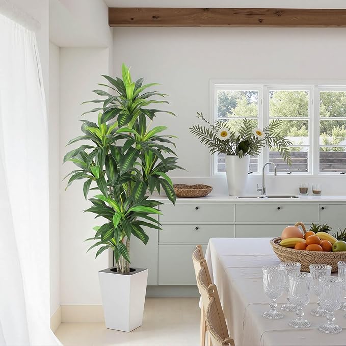Artificial Dracaena Plant 6ft with White Tall Planter, Potted Artificial Dracaena Silk Plant, Fake Yucca Tree Plant, Home Office Floor Room Decor Plants Indoor Outdoor, Housewarming Gift