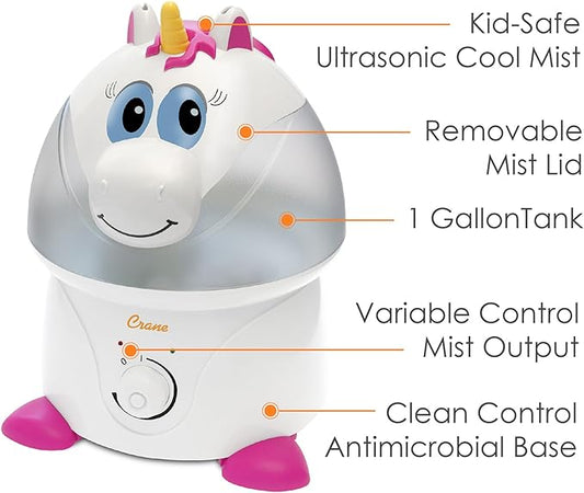 Crane Unicorn Ultrasonic Cool Mist Humidifier with Auto Shut-Off, For Baby Nursery and Kids Room, 1 Gallon Tank, Animal Humidifier For Kids Room