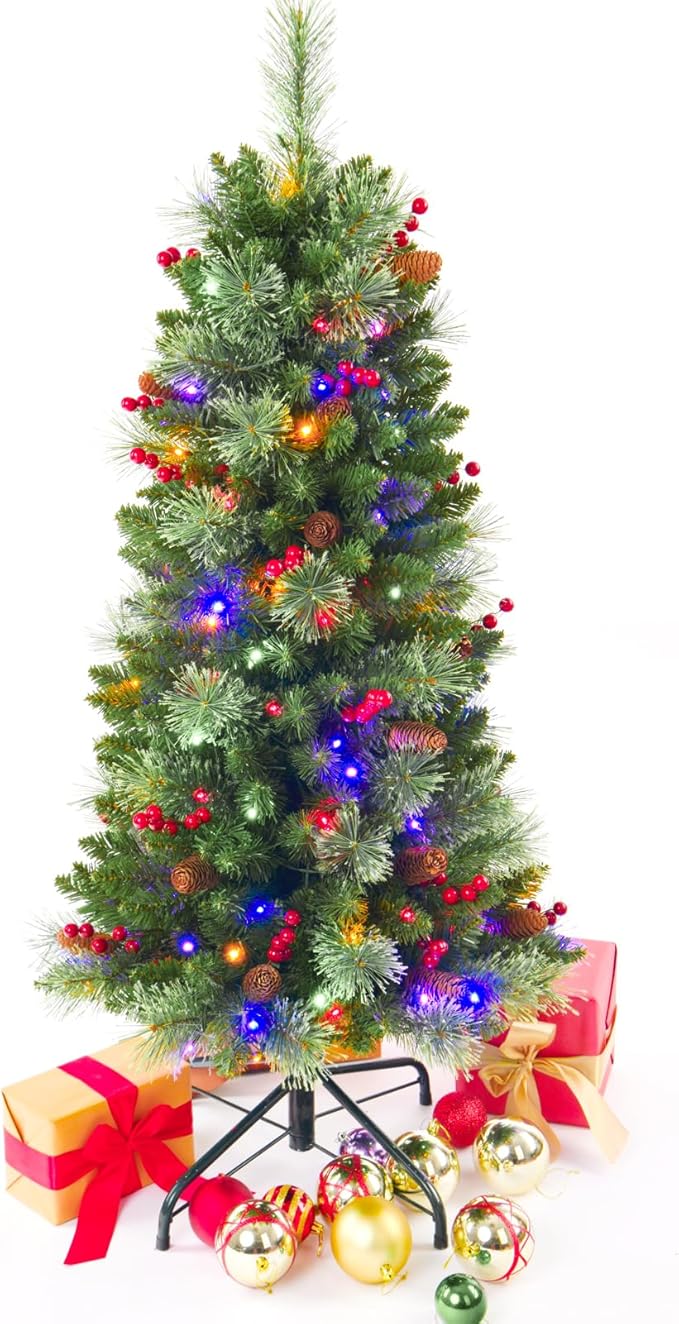 4ft Prelit Artificial Small Christmas Tree with Warm White Multi-Color LED Lights, Timer Battery Operated, Stand Red Berries & Pine Cone Slim Pencil Decoration for Indoor/Outdoor