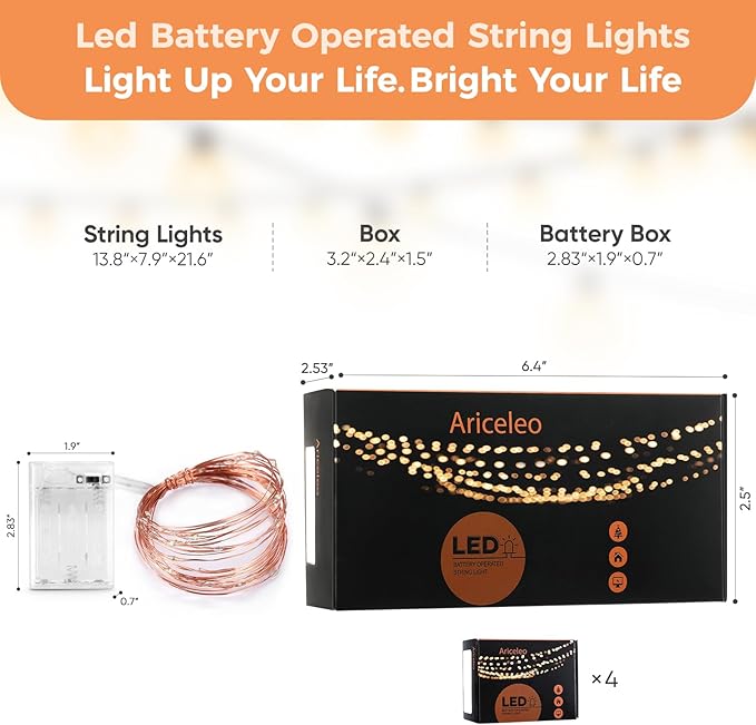 4 Pack 16.4ft Battery Operated String Lights with Timer, Cool White with Synchronized Twinkle Mode, Fairy Lights Battery Powered, 50 LEDs, Idea for Christmas Bedroom Party Wedding