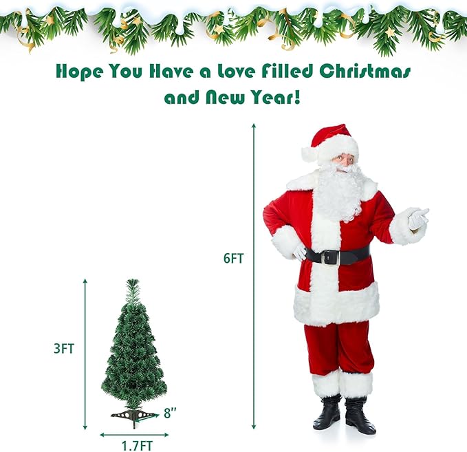 HAPPYGRILL 3FT Fiber Optic Christmas Tree Pre-Lit Artificial Christmas Tree with 85 PVC Tips, Green Xmas Tree with LED Lights for Indoor Outdoor Festival