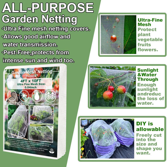 Garden Netting, Plant Covers 4x10Ft Net Ultra Fine Mesh Protection Netting for Vegetable Plants Fruits Flowers Crops Greenhouse Row Cover Raised Bed Barrier Screen Protection Net Cover