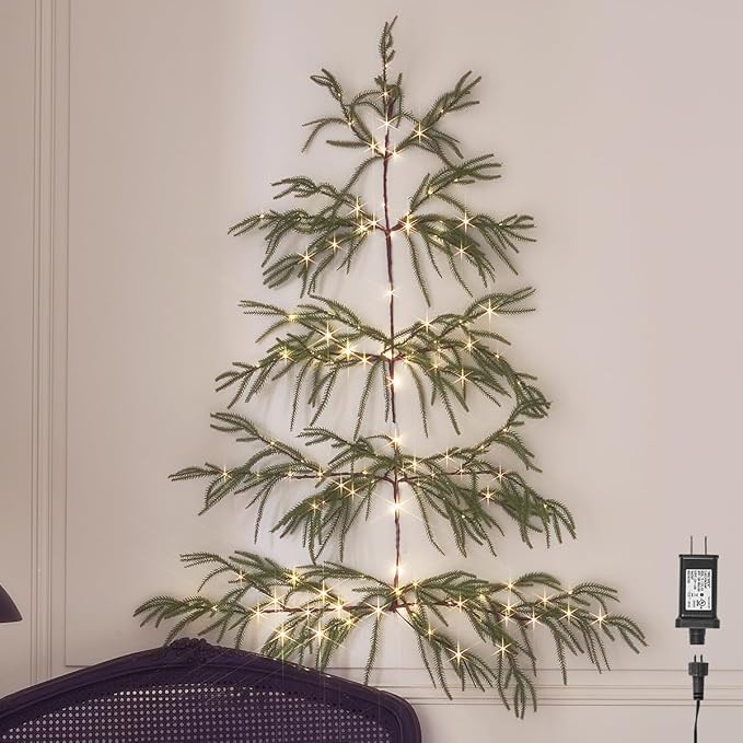 Hairui Lighted Norfolk Pine Wall Tree with Timer 4FT 140 Warm White LED Fairy Lights, Vine Garland with Lights for Home Fireplace Room Window Christmas Decoration Indoor Outdoor