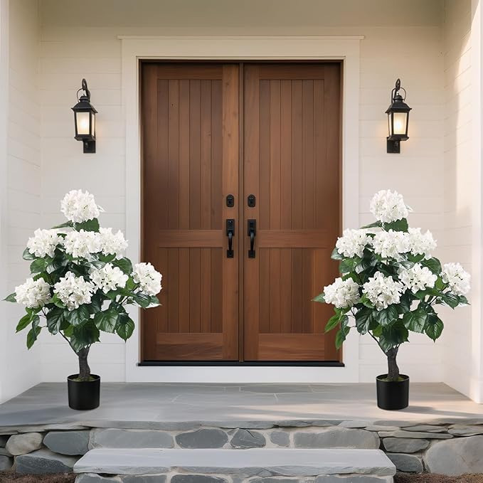 Romantic Season 38" Artificial Hydrangea Tree in Pot, Faux Potted Silk Hydrangea Plant for Indoor Outdoor Decoration, Lifelike Artificial Flower Tree for Home, Office, Patio, Garden Decor, White