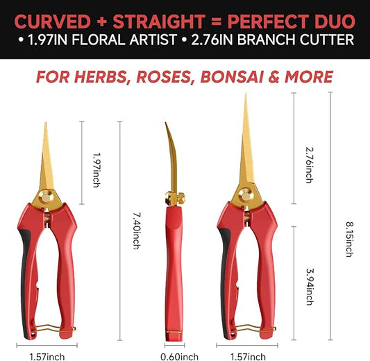 FLORA GUARD Garden shears – 8.2" Straight Tip & 7.2" Curved Blade pruning shears for gardening, Great Christmas Gifts, ideal for Precise Trimming of Flowers, Plants, and Garden Maintenance (2 Pack)