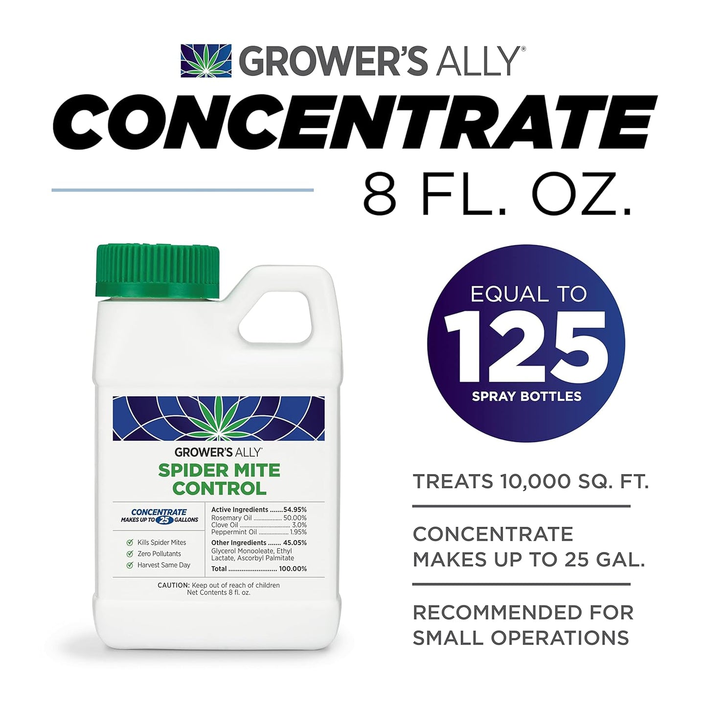 Grower's Ally Spider Mite Control | 8 oz Concentrate, Makes 25 Gallons | Insecticide and Miticide for Plants | OMRI Listed