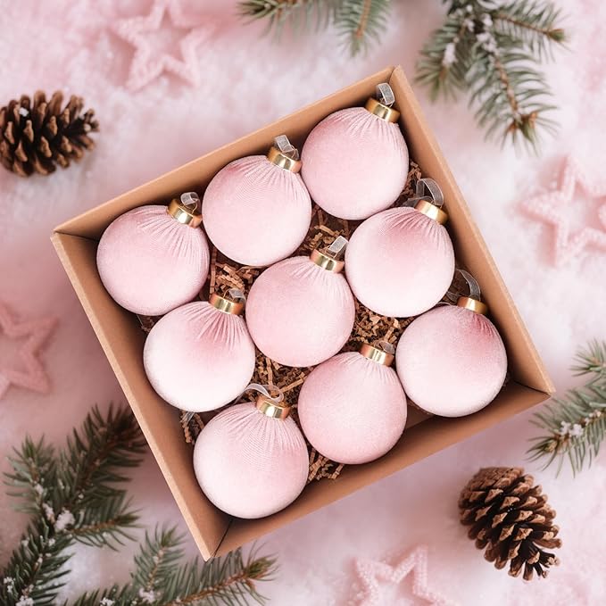 9 Pcs Pink Christmas Tree Ornaments Set, 80mm/3.15in Large Velvet Christmas Balls for Xmas Tree Decorations Shatterproof Hanging Flocked Balls Ornaments Baby Pink