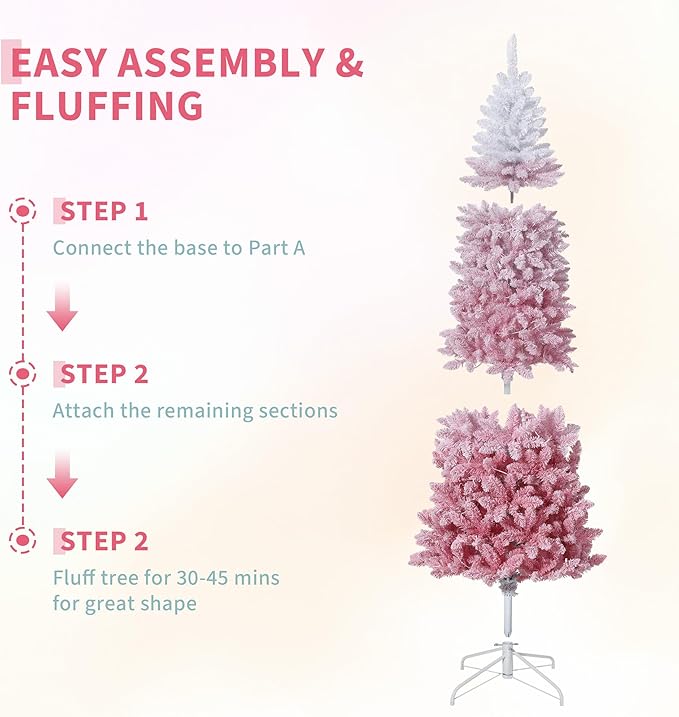 GAOMON 9Ft Snow Flocked Pencil Christmas Tree, Slim Artificial Christmas Tree with Sturdy Metal Stand, Skinny Xmas Tree Holiday Decoration for Home, Office, Pink Gradient