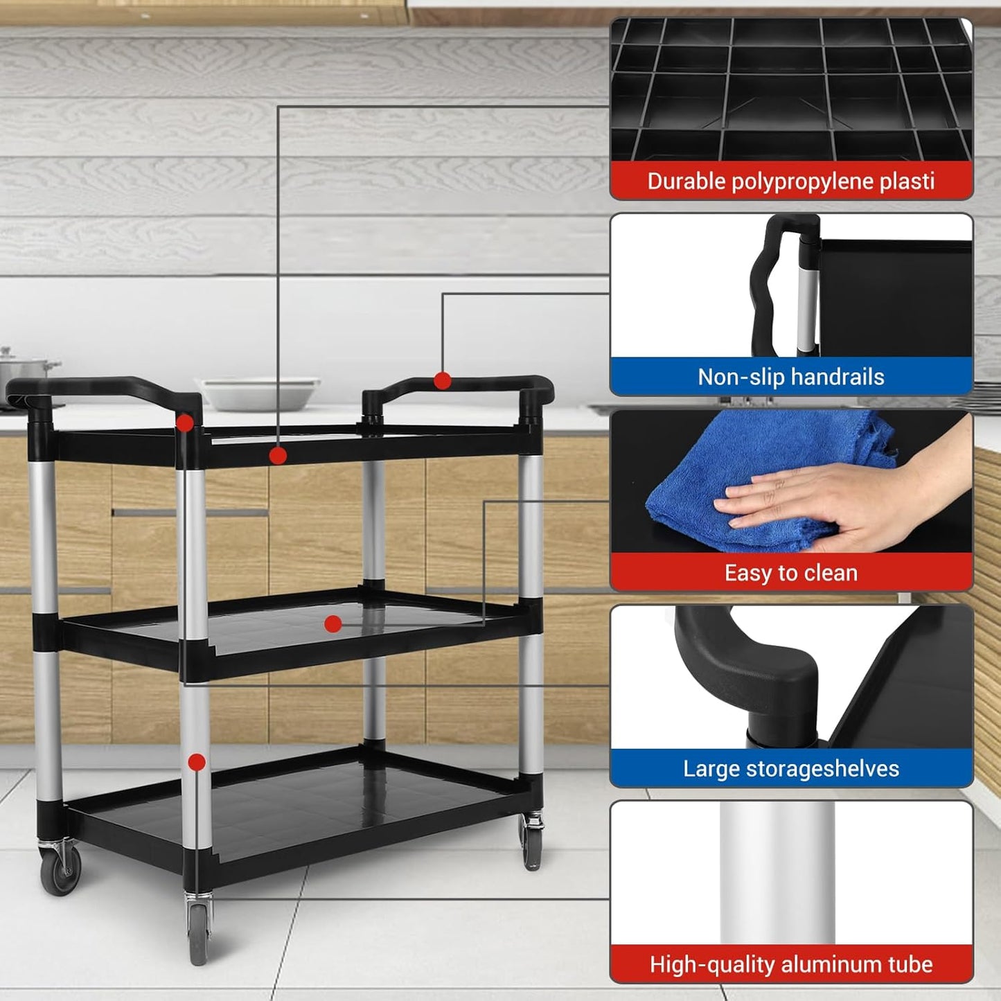 Utility Service Cart 3 Shelf, Rolling Push Cart with Brake Wheel, Plastic Heavy Duty 3-Tier Food Service Cart for Office, Warehouse, Garage, Restaurant, Cleaning, 360lbs Capacity, Black