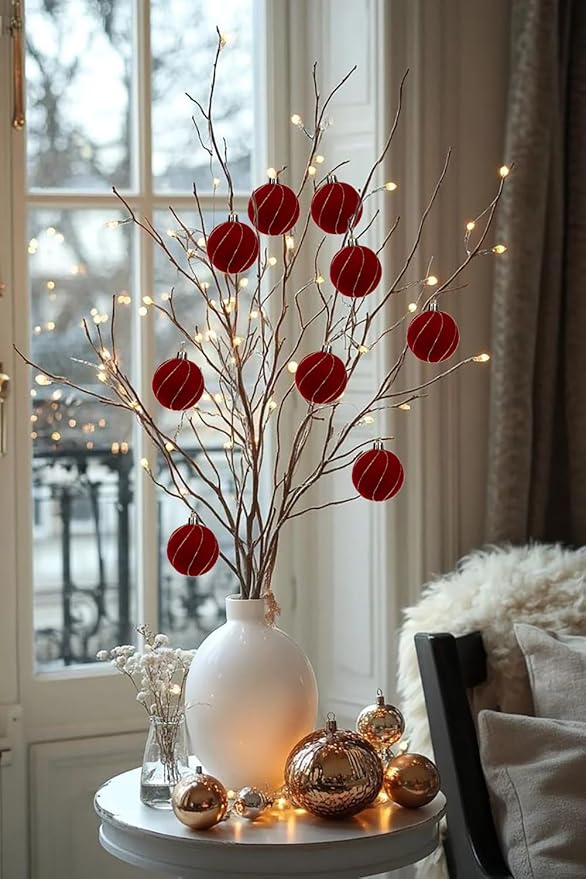 24PCS Velvet Christmas Ball Ornaments Set, 2.36" Shatterproof Baubles for Christmas Tree Decorations, Gold-Lined Hanging Baubles with Velvet Finish for Thanksgiving Holiday Party Décor, Red