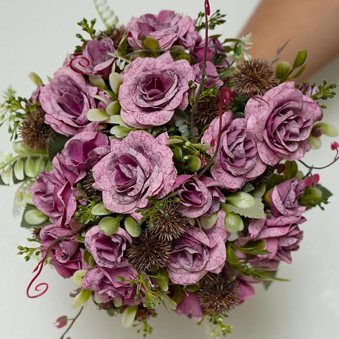 3 Bundles Fall Artificial Flowers Bouquet, Autumn Fake Roses Bouquet Faux Fall Floral Arrangements for Centerpiece Table Wedding Party Home Decor (Purple Rose Red)