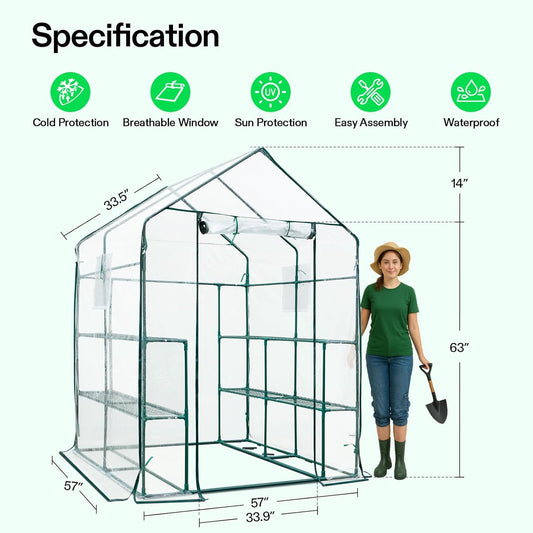VIVOSUN 57x57x77-Inch Transparent Mini Walk-in Green House with Window and Anchor, Plant Garden Hot House 2 Tiers 8 Shelves, 4.7 x 4.7 x 6.4 FT