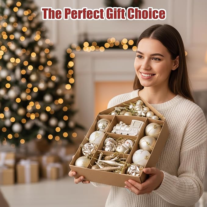 Christmas Ornaments Set,48Pcs Shatterproof Christmas Tree Ornaments Balls,Versatile Hanging Christmas Balls Ornaments,for XmasTrees,Wreath Garland,Holiday Party, Home Decor(White Gold)