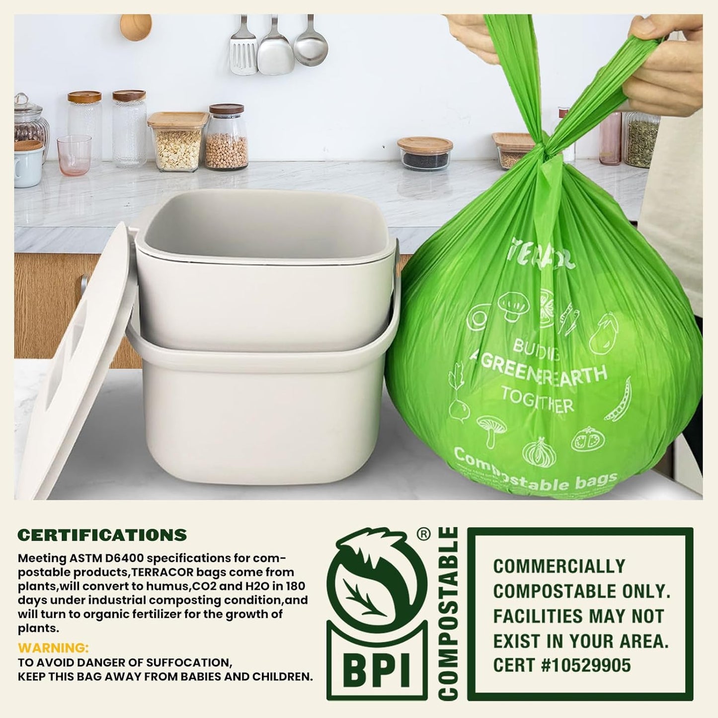 Compost Bags, Handle Tie Food Scrap Bags 3 Gallon,100 Count,Certified by BPI and ASTM D6400, Kitchen Compost Bin Compatible