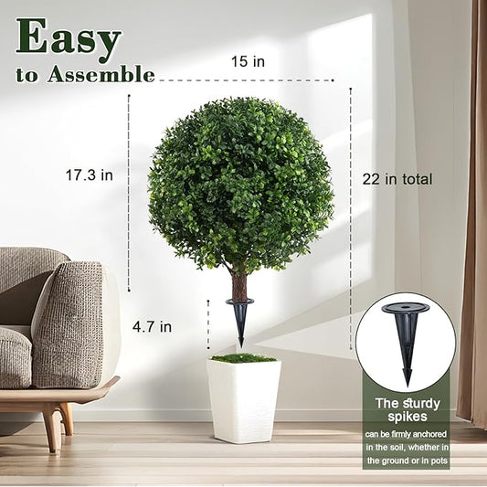 Set of 2 Artificial Boxwood Ball Trees for Outdoor with Spike, UV Resistant Faux Topiary Ball, Fake Plants Greenery Round Shrubs Bushes for Entryway Front Porch Decor