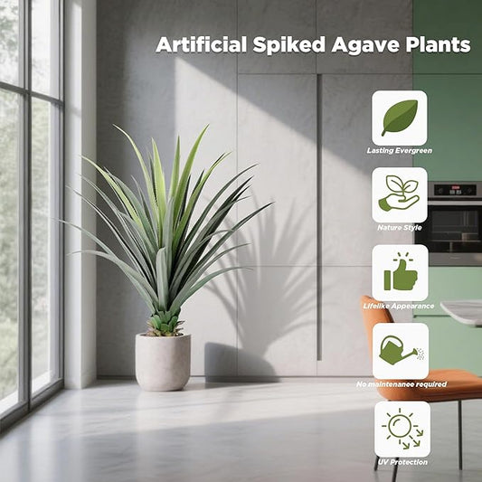 Agave Plant Artificial with 30 Leaves, Set of 1 Faux Spiked Agave Plants, 4ft Artificial Spiked Agave Plant for Indoor and Outdoor Decor, Perfect for Porch, Living Room, Bedroom, Patio and Office