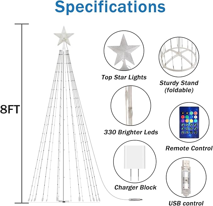8FT Smart Christmas Cone Tree Lights, 2025 Waterproof Outdoor LED Christmas Tree with App & USB Control, Remote Timer, Music Sync, Prelit for Outside Porch Yard Xmas Decorations