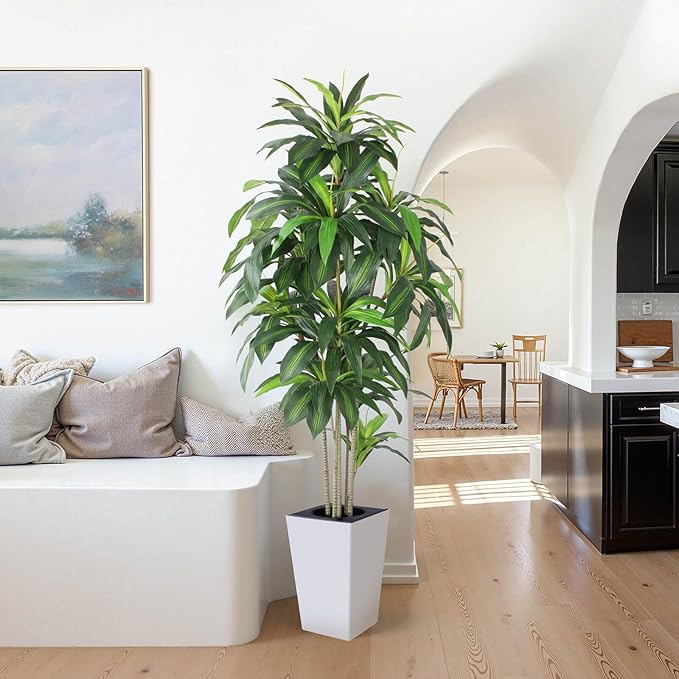 Artificial Dracaena Tree with White Tall Planter, 7ft Tall Potted Artificial Dracaena Silk Plant, Fake Yucca Tree Plant, Home Office Floor Room Decor Plants Indoor Outdoor, Housewarming Gift