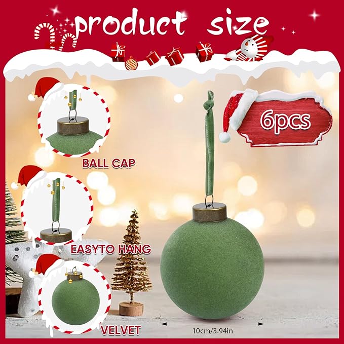 6 Pcs Velvet Christmas Balls Bulk Shatterproof Plastic Christmas Tree Decorations for Decorative Hanging Baubles (6, Green, 3.94Inch)