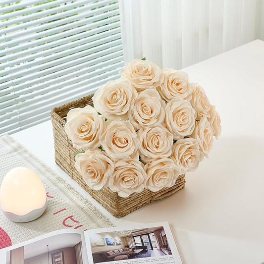 50Pcs Champagne Roses Artificial Flowers Artificial Silk Roses Bulk,Fake Roses Flower with Stems Realistic Flowers for Wedding Centerpiece Home Party Decor