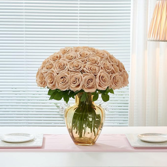 50pcs Beige Roses Artificial Flowers Bulk Fake Roses Silk Flower with Stems Realistic Flowers for Wedding Centerpiece Party Birthday Decor