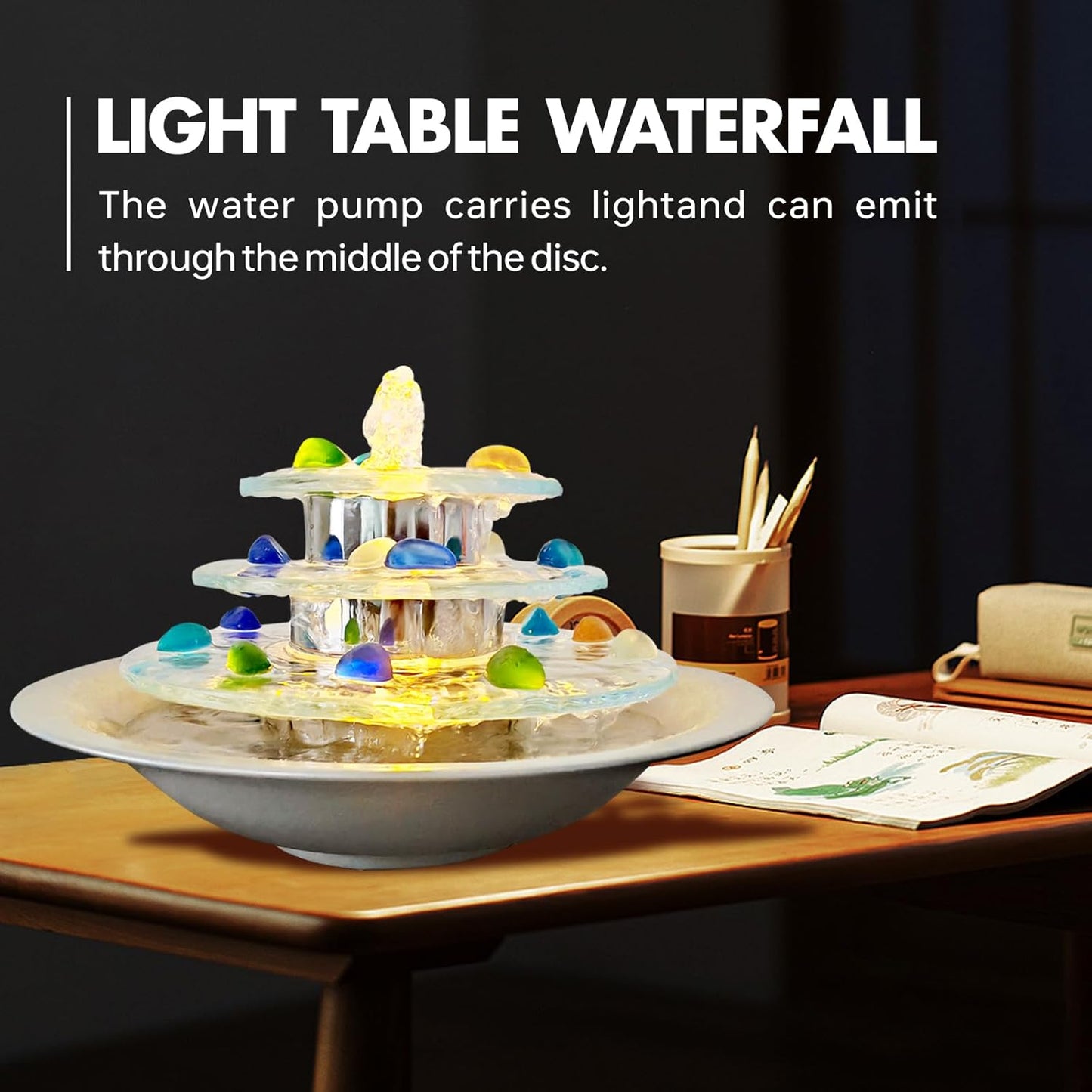 Indoor Tabletop Fountain 3-Tier Waterfall, Zen Meditation Fountains with LED Light, Home Desktop Soothing Sound Meditation Relaxing Water Feature for Office Room Table Decoration
