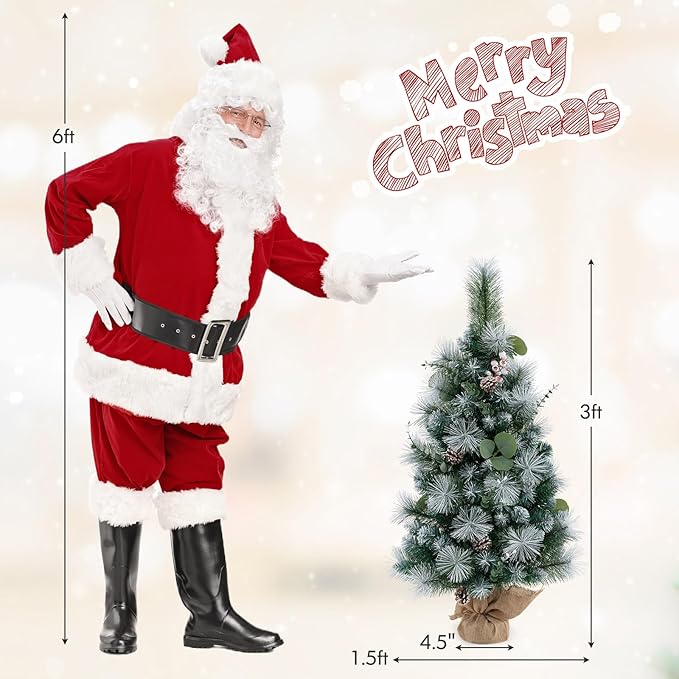 HAPPYGRILL 3 FT Tabletop Artificial Christmas Tree with 98 Branch Tips, Pine Needles, Pine Cones, White Berries, Green Xmas Tree with 30 Warm White LED Lights, Auto Timer & Cement-Filled Base