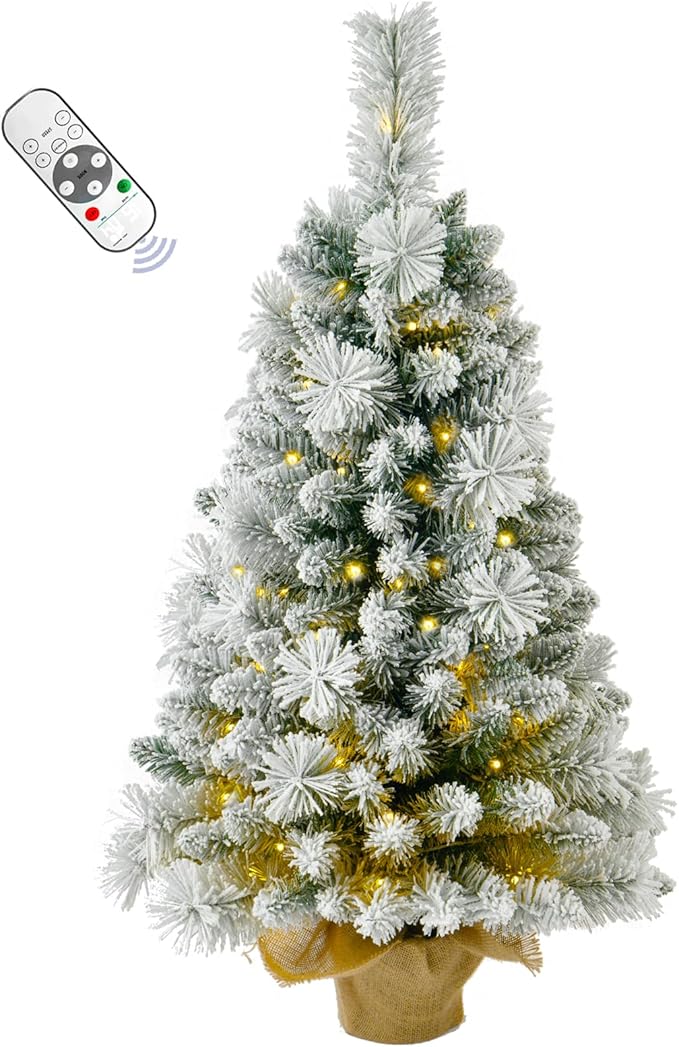 3FT Pre-lit Artificial Small Mini Christmas Tree with Warm White Multi-Color LED Lights, Remote Control and Timer, Perfect for Xmas Tabletop Decorations, Home, Kitchen, Dining Table top Snow